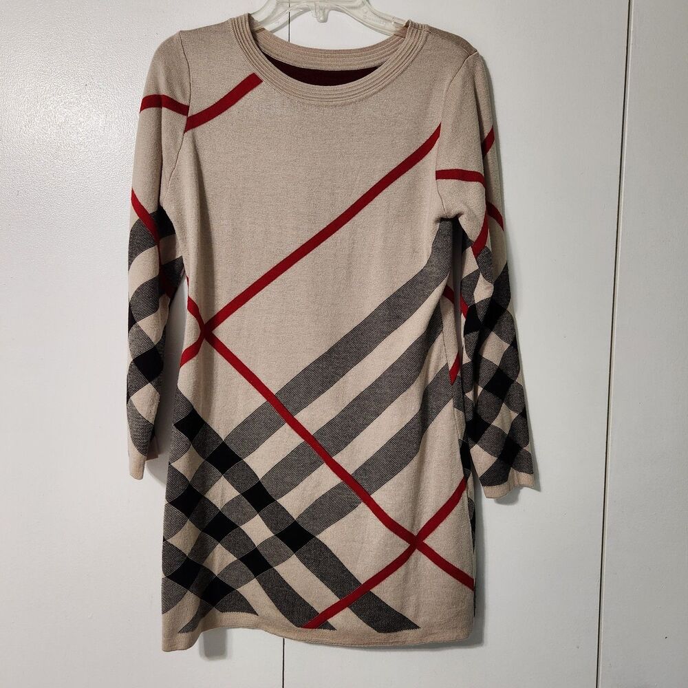 Womens XL Beige Plaid Check Sweater Dress Tunic Red Black Soft Knit Long Sleeve